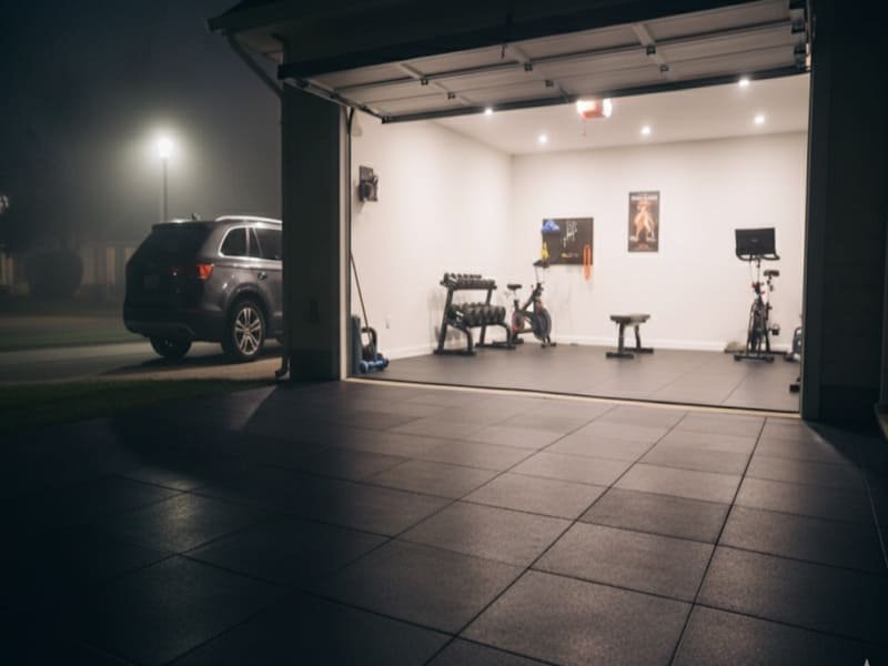 A roll of heavy-duty rubber garage flooring being installed.